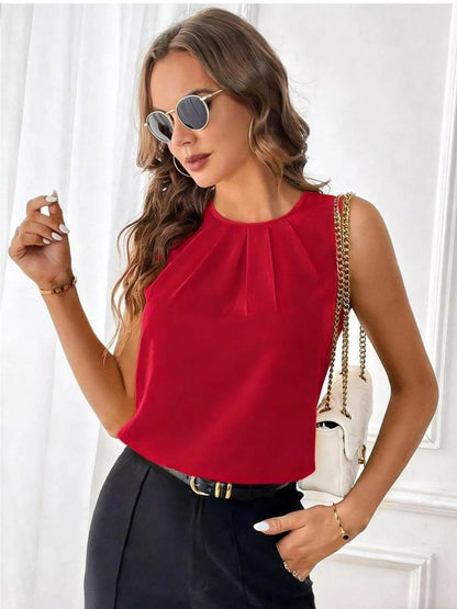 Pleated Round Neck Tank - Red - View 6