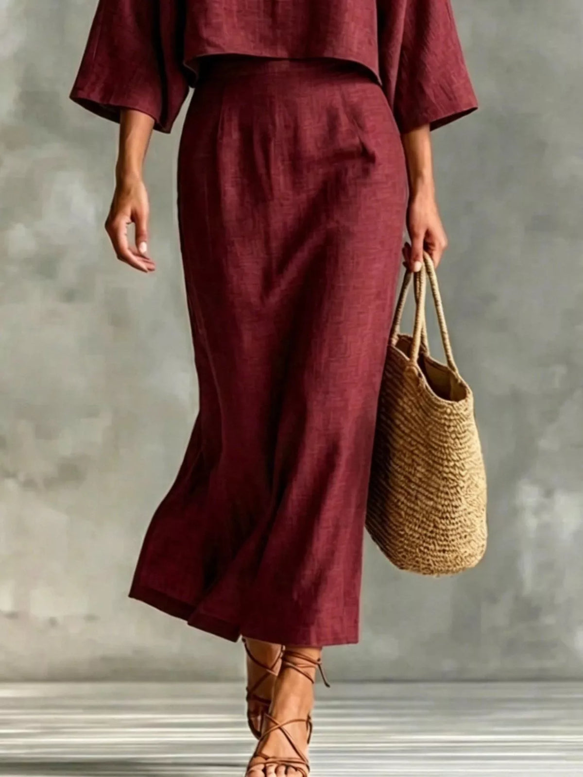 Full Size Solid Color Cropped Top and Midi Skirt Set Plus Size - Burgundy - View 3