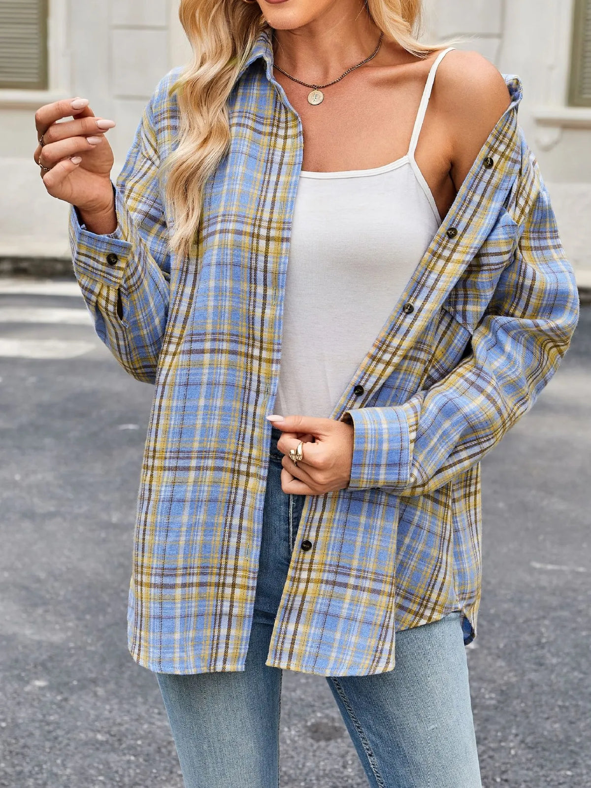 Plaid Button Up Long Sleeve Shirt - Light Blue - View 17