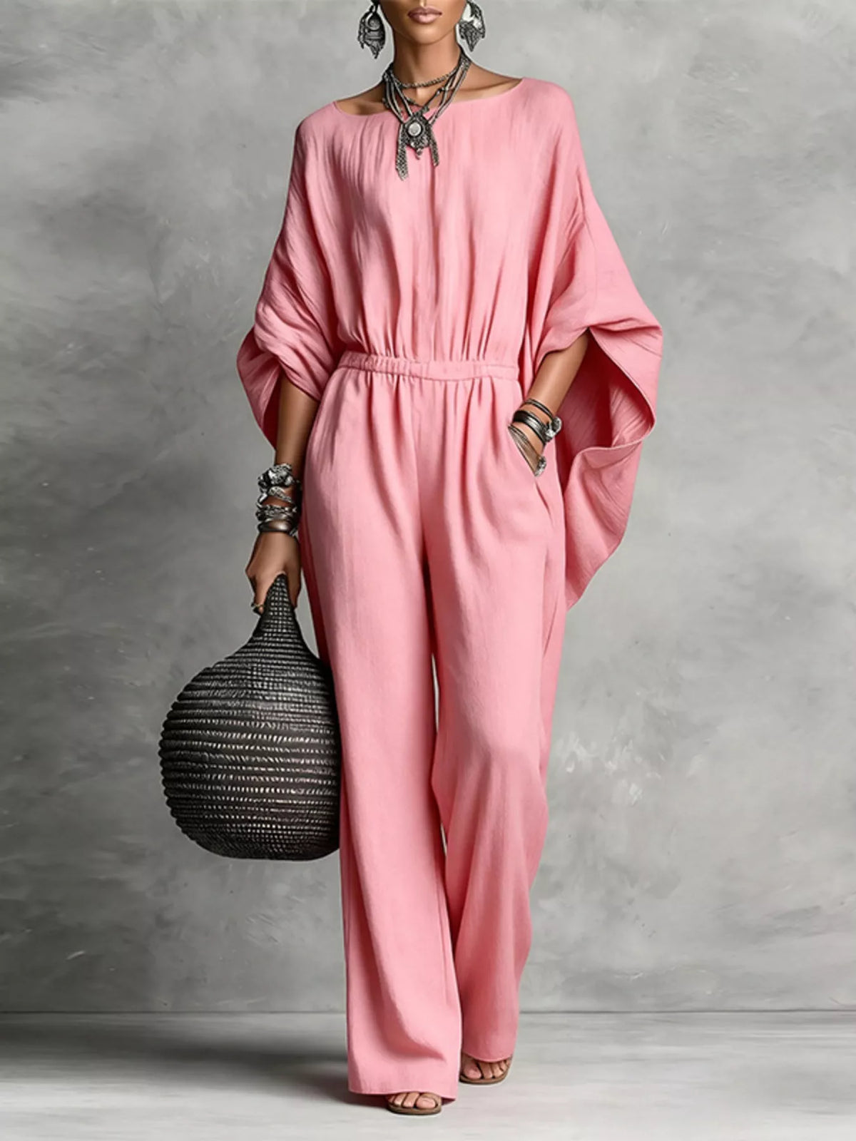 Full Size Boat Neck Batwing Sleeve Wide-Leg Jumpsuit Plus Size - Pink - View 1