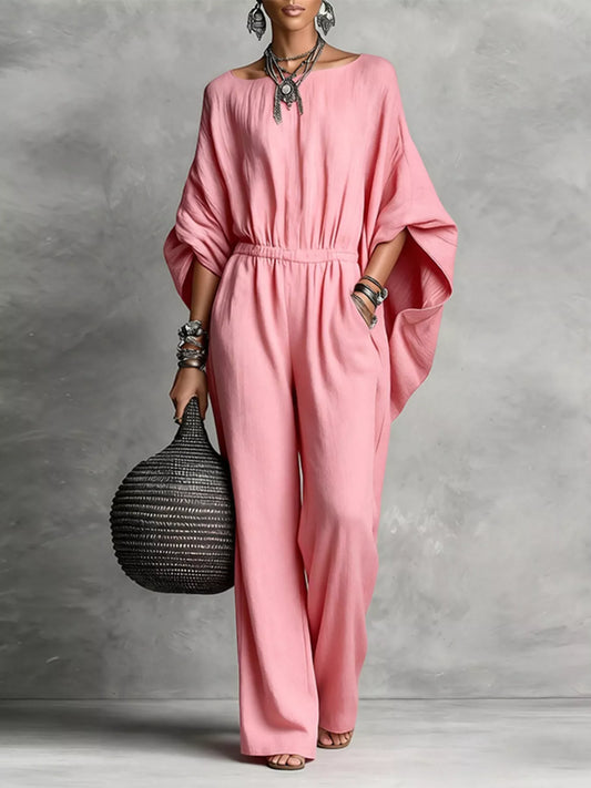 Full Size Boat Neck Batwing Sleeve Wide-Leg Jumpsuit Plus Size - Pink - View 1