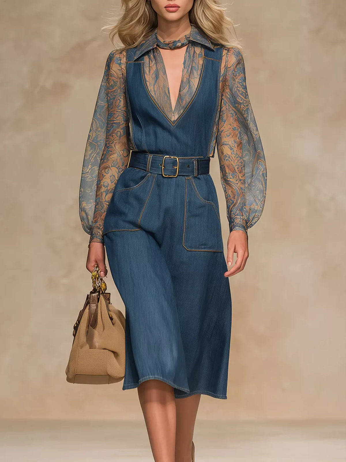 Sheer Floral Sleeves Denim Dress - Blue - View 1