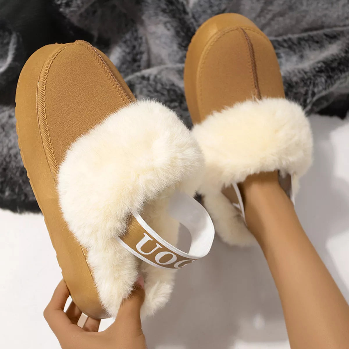 Round Toe Fur Trim Platform Slippers - Caramel - View 11