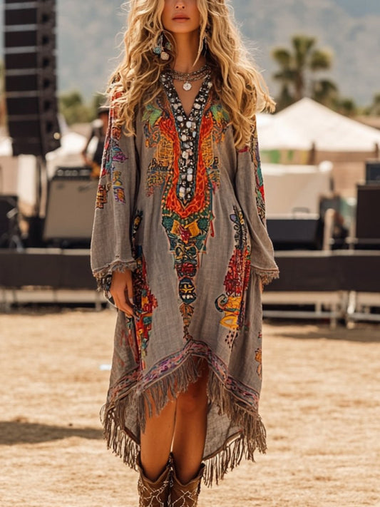 Fringe Hem Notched Long Sleeve Dress - product photo 1