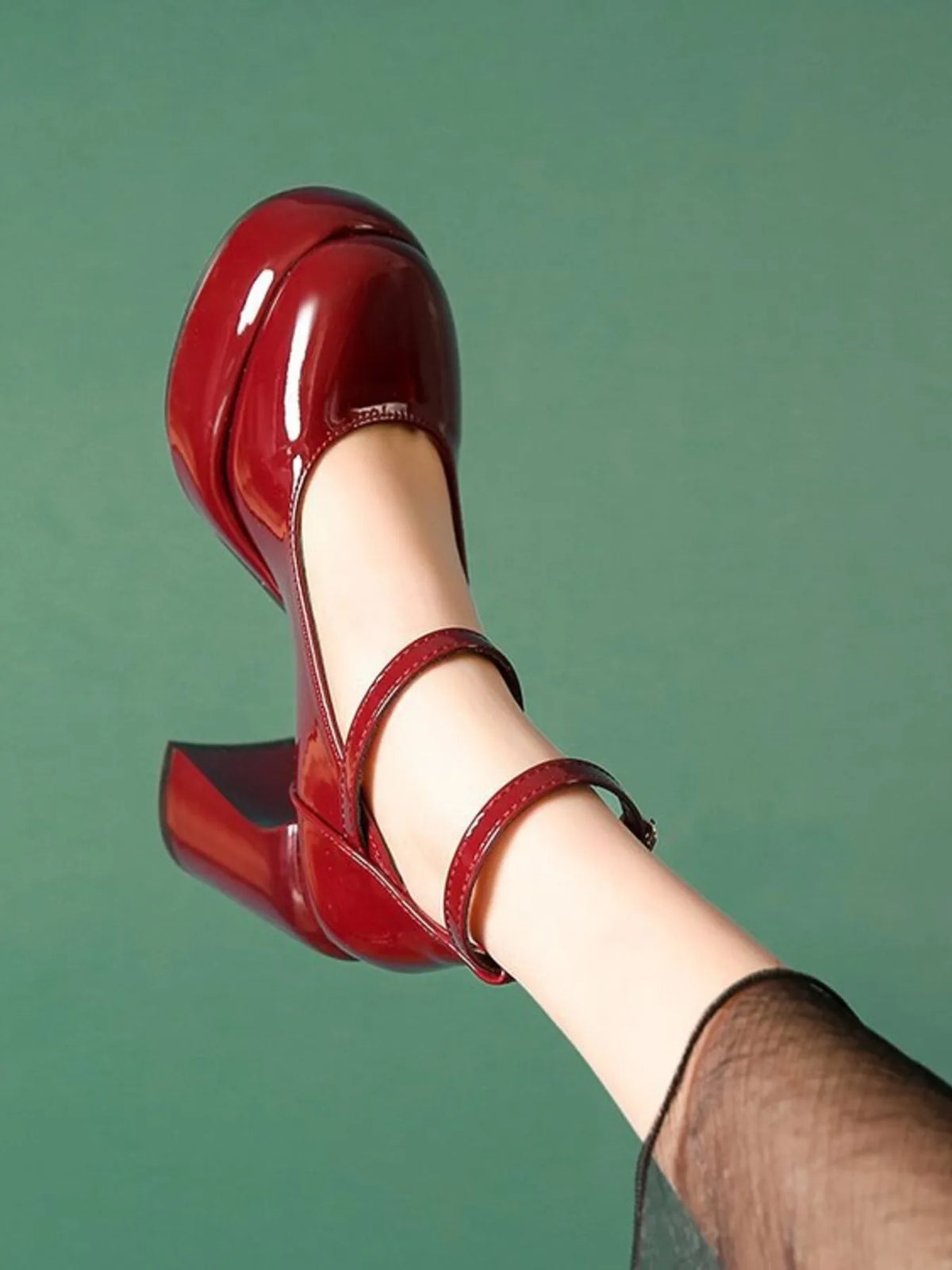 Patent Leather Mary Jane Platform Pumps - Burgundy - View 14