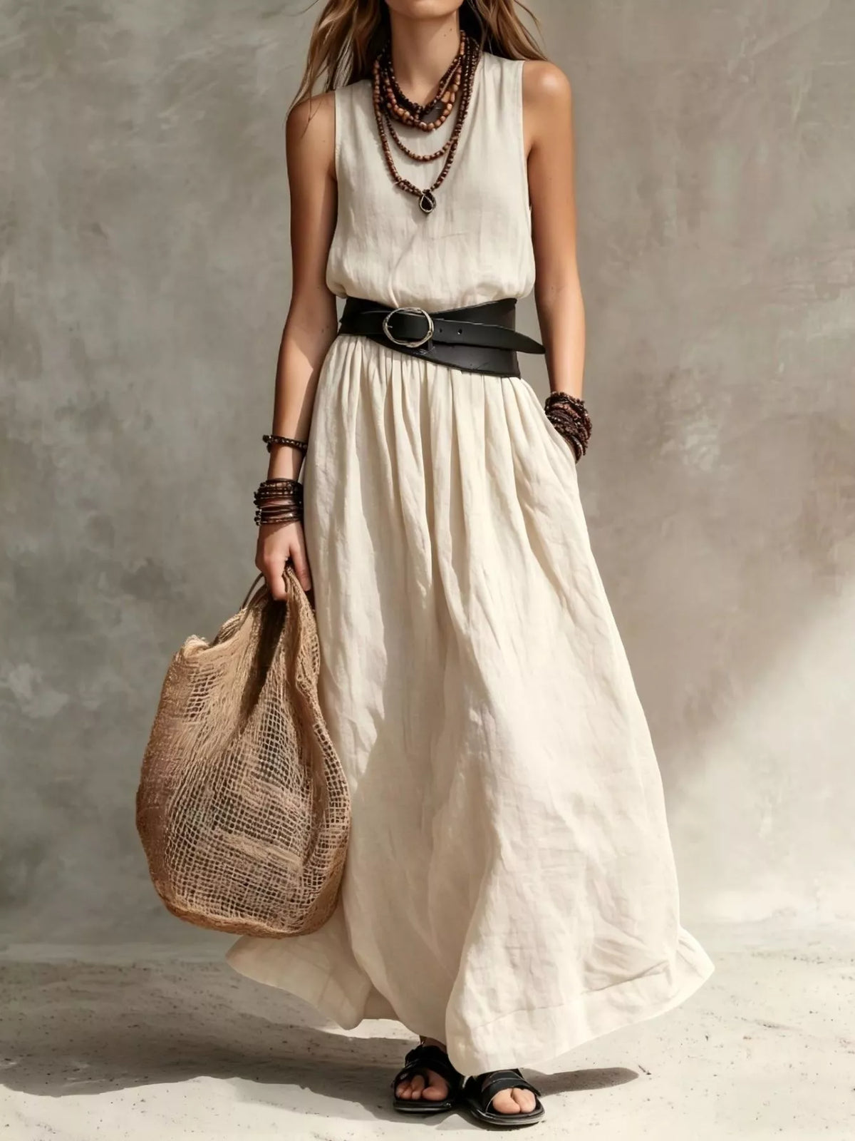 Full Size Round Neck Sleeveless Maxi Dress Plus Size - Cream - View 1