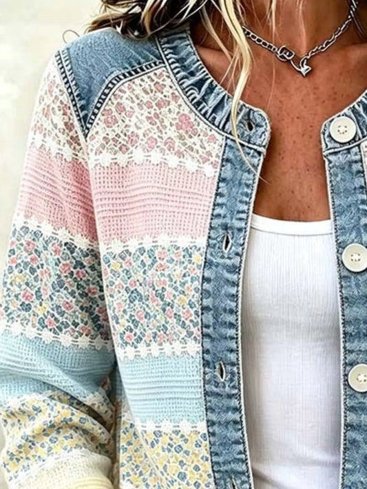 Full Size Floral Patchwork Denim Trim Jacket Plus Size - Pastel Yellow - View 2