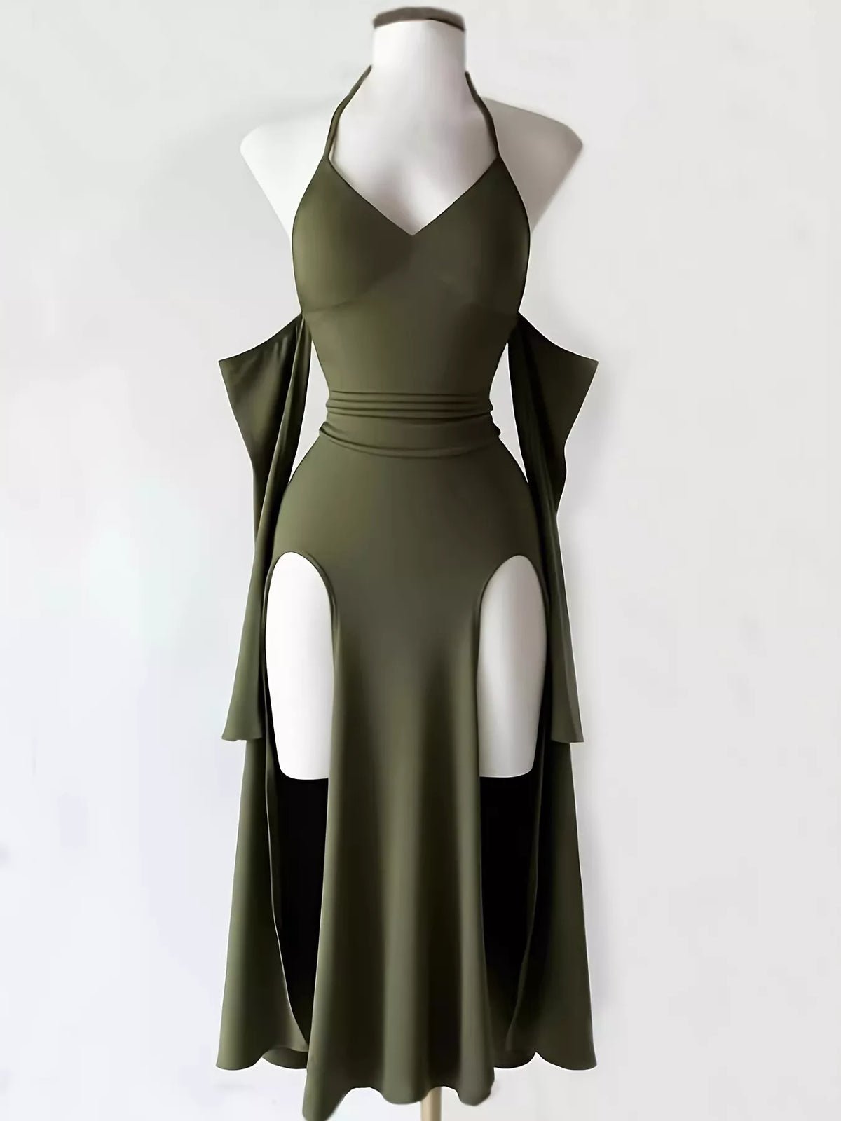 Halter Neck High-Slit Bodycon Dress - Army Green - View 1