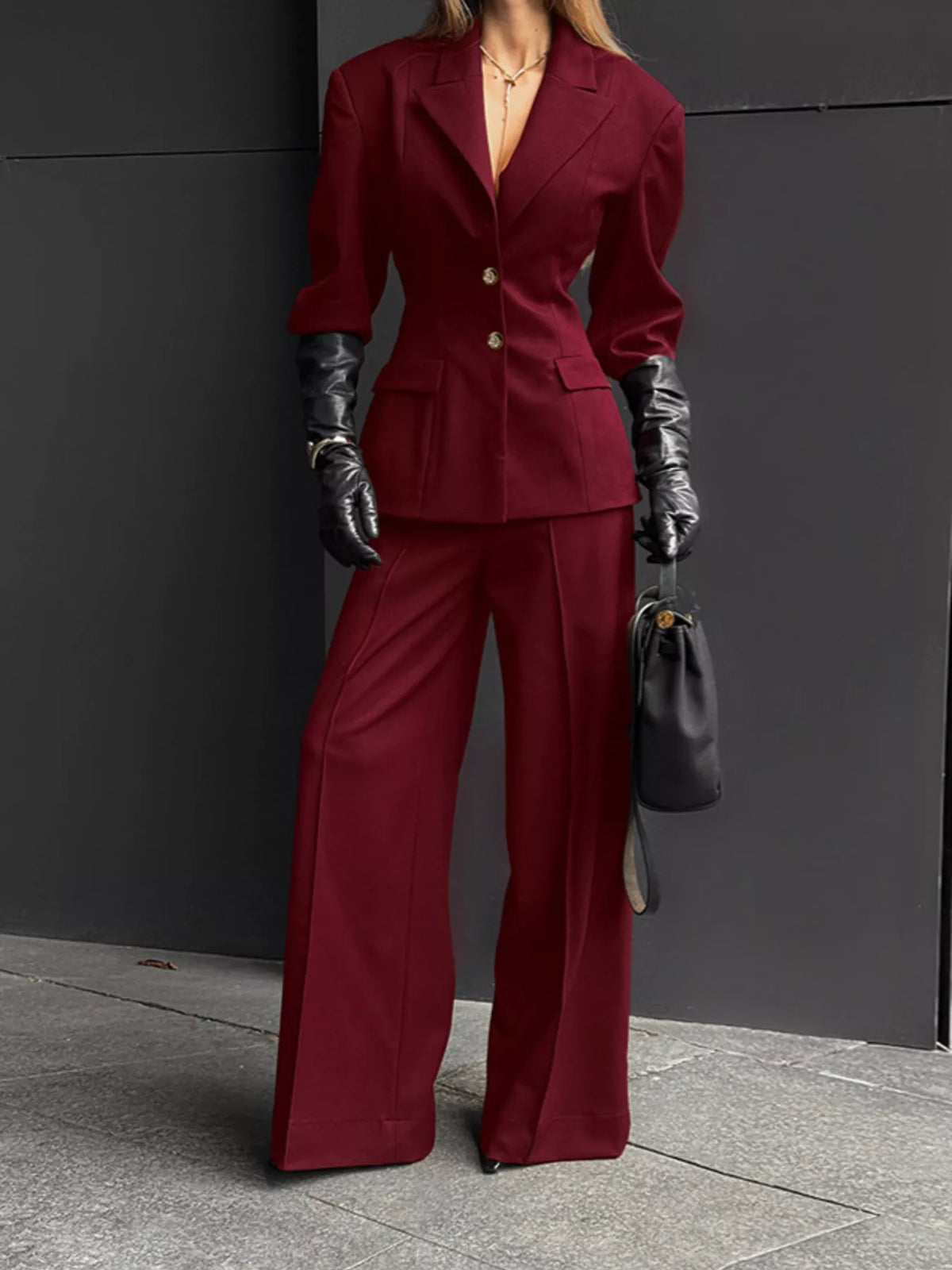 Single-Breasted Blazer and Wide-Leg Pants Set - Burgundy - View 1