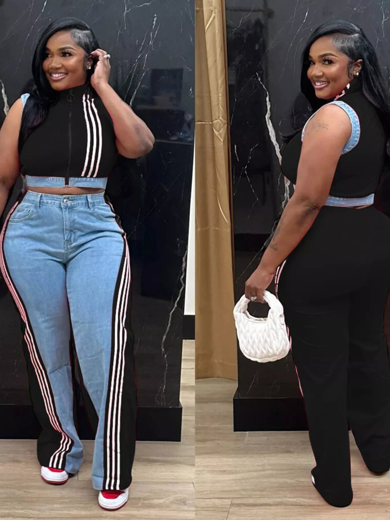 Zip Front Crop Top and Striped Pants Set - Black - Styled Front and Rear Views