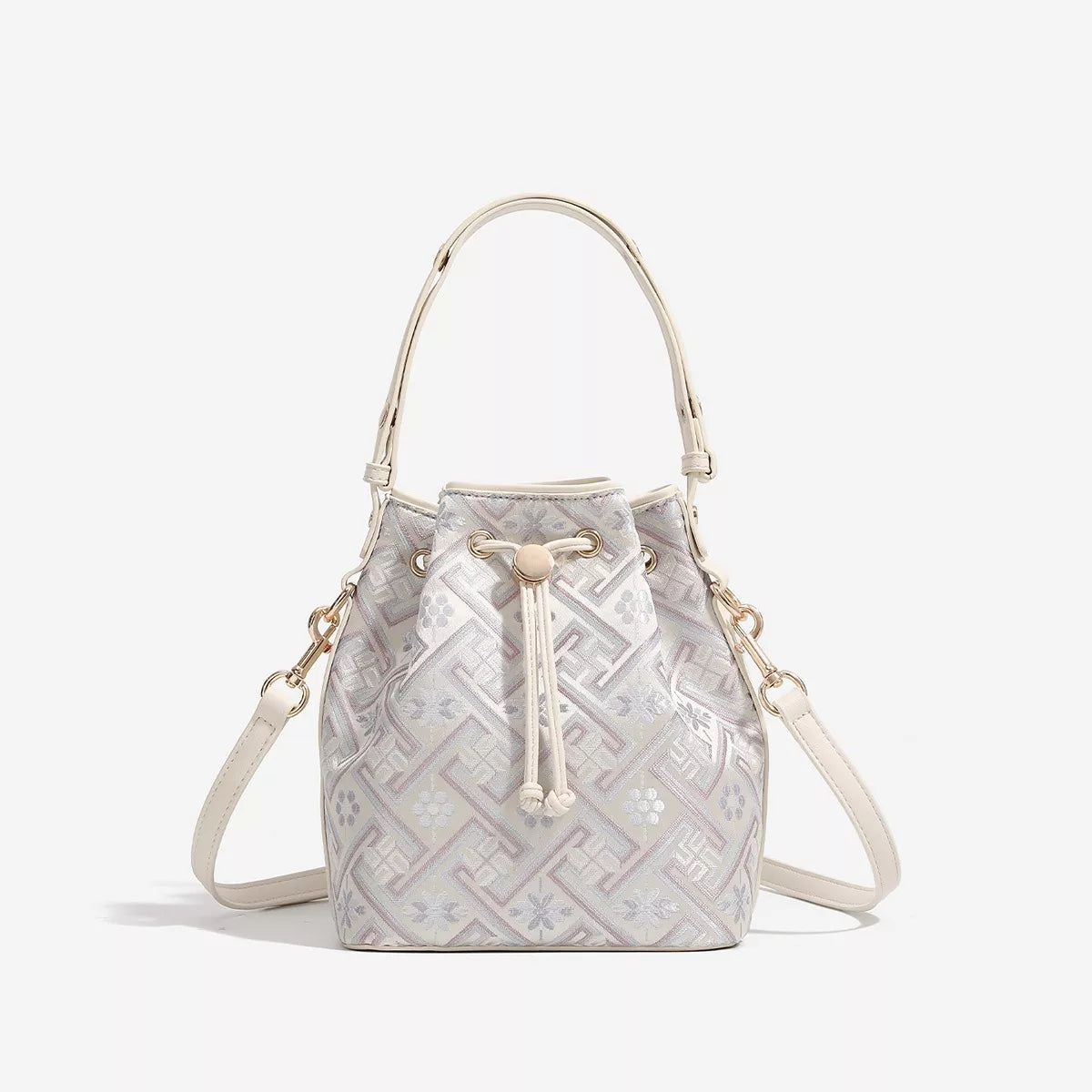 Geometric Pattern Drawstring Crossbody Bucket Bag - Cream - View 1