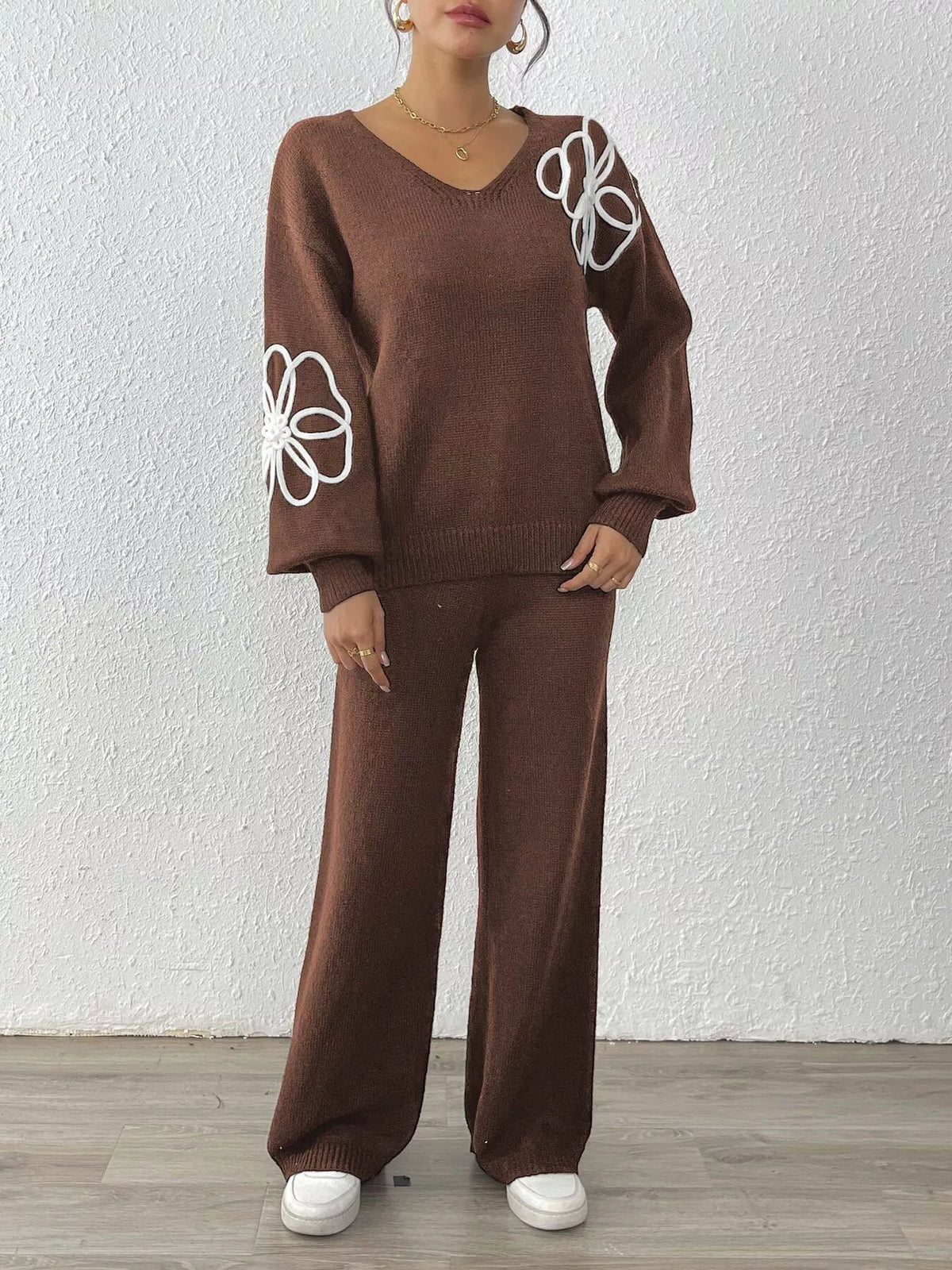 V-Neck Dropped Shoulder Top and Pants Sweater Set - Brown - View 5