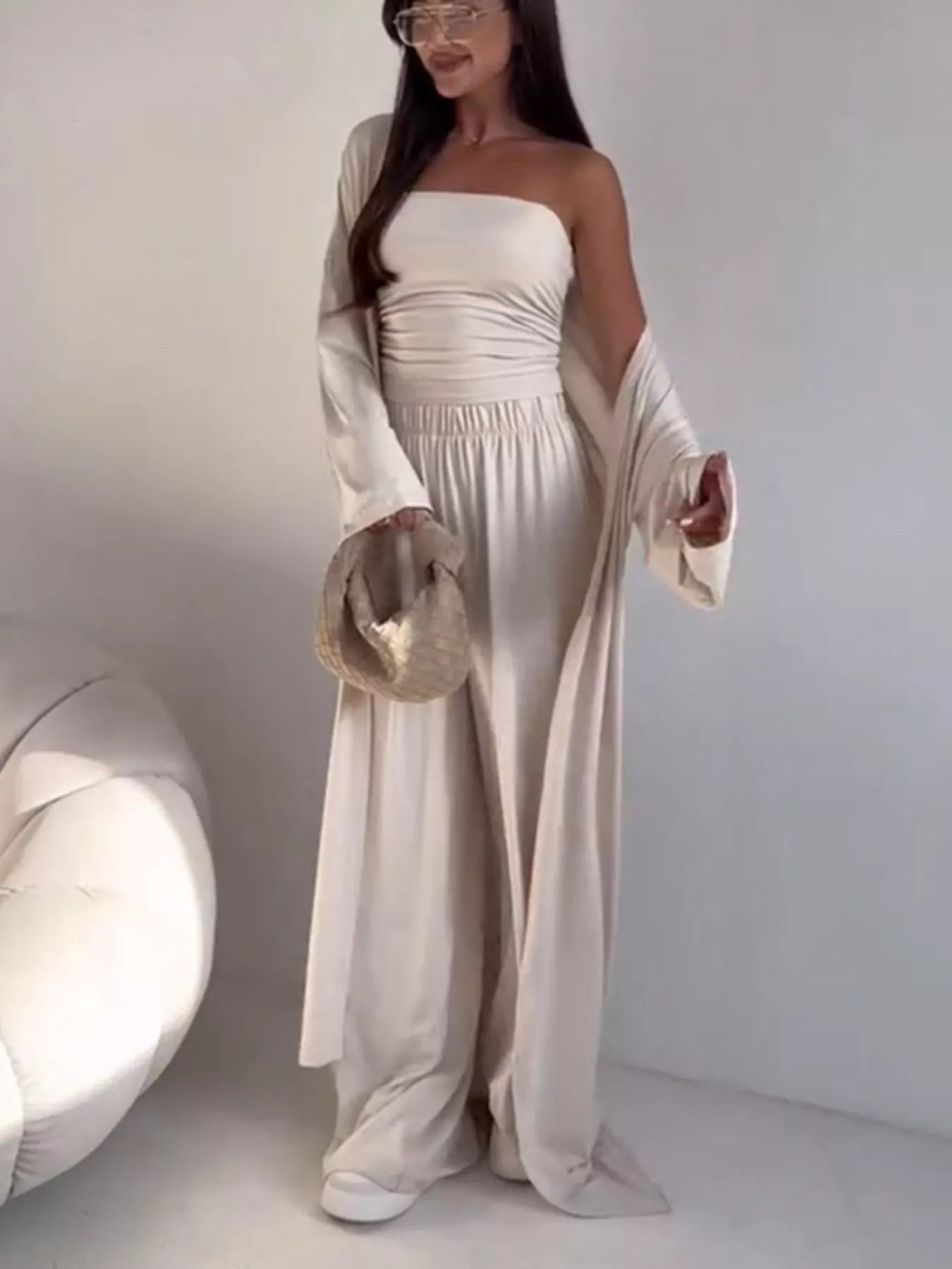 Tube Top & Cardigan & Wide Leg Pants 3-Piece Set - Tan - Styled Front View