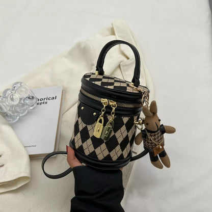 Diamond Pattern Bucket Crossbody Bag - Black - View 1