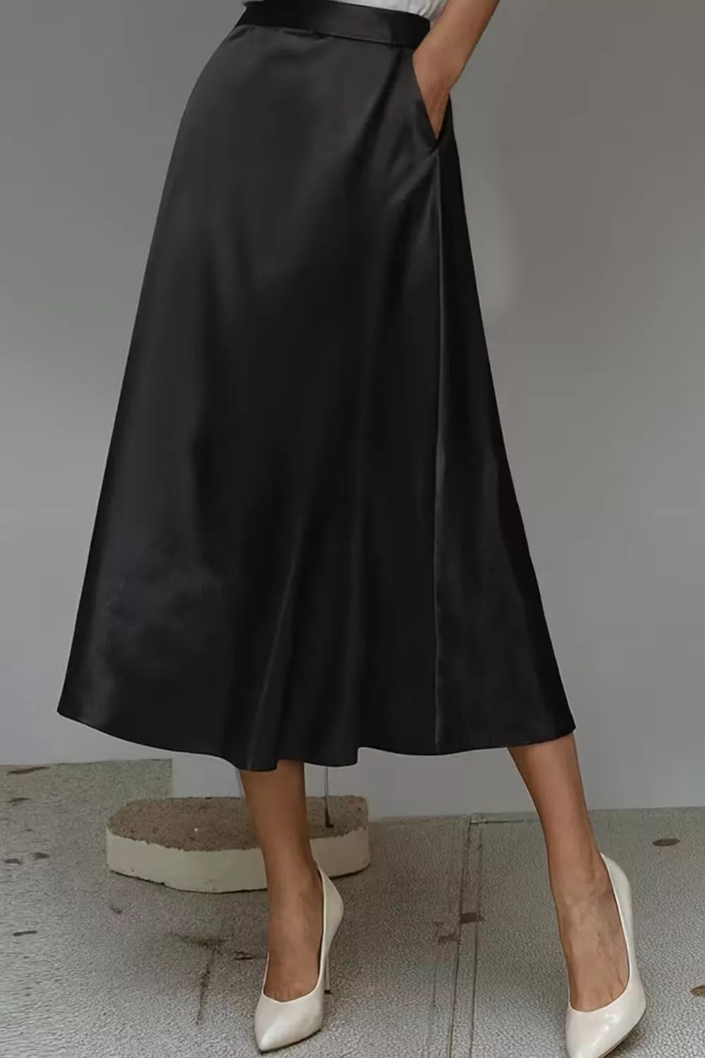Satin A-Line Midi Skirt - Black - View 8