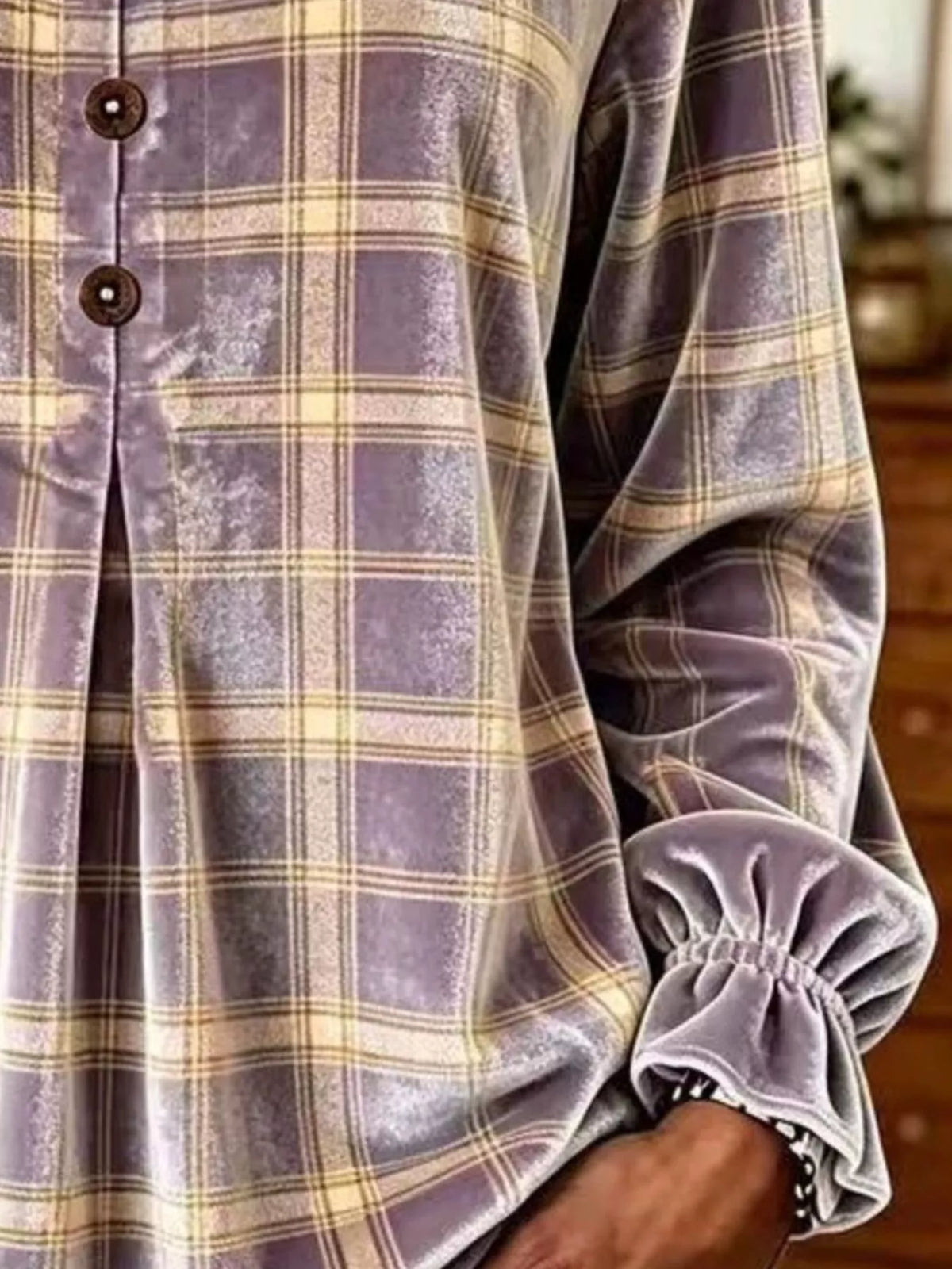 Full Size Plaid Velvet Flounce Sleeve Blouse Plus Size - Lilac - View 2