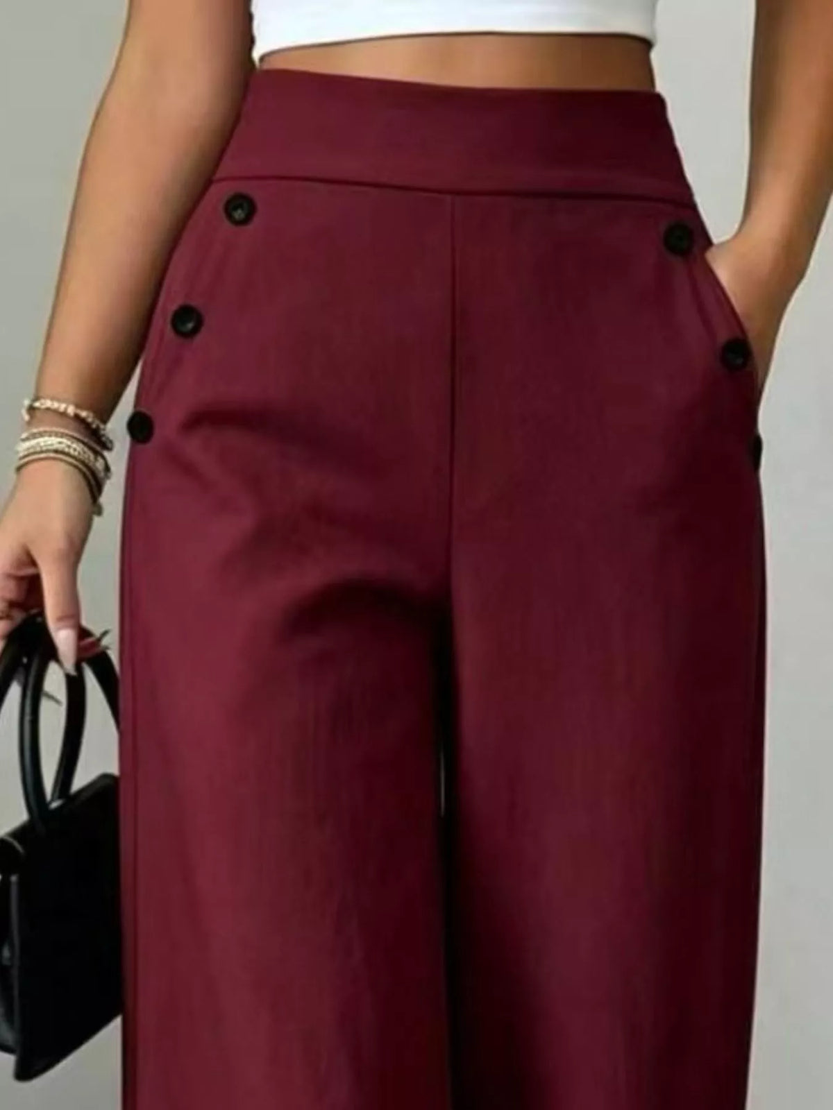 High-Waisted Wide-Leg Pants - Burgundy - View 8
