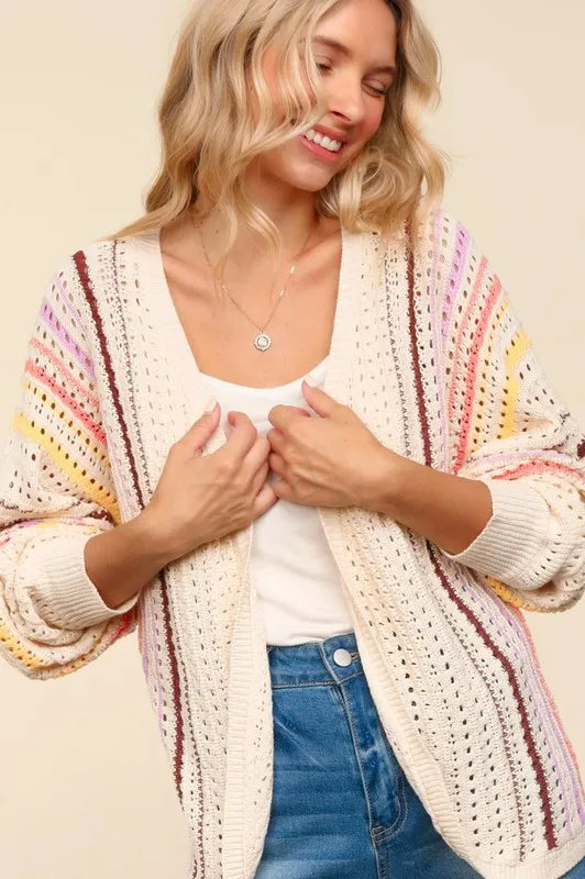 Haptics Full Size Striped Crochet Open Front Cardigan - product photo 1