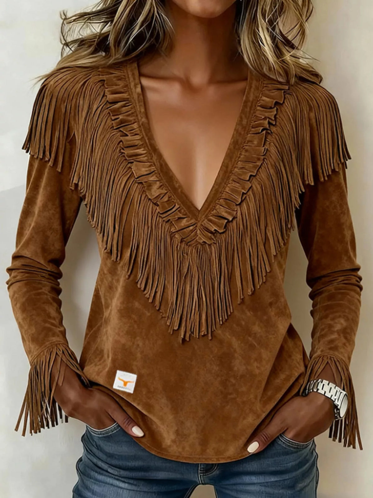 Fringed V-Neck Blouse - Brown - View 1