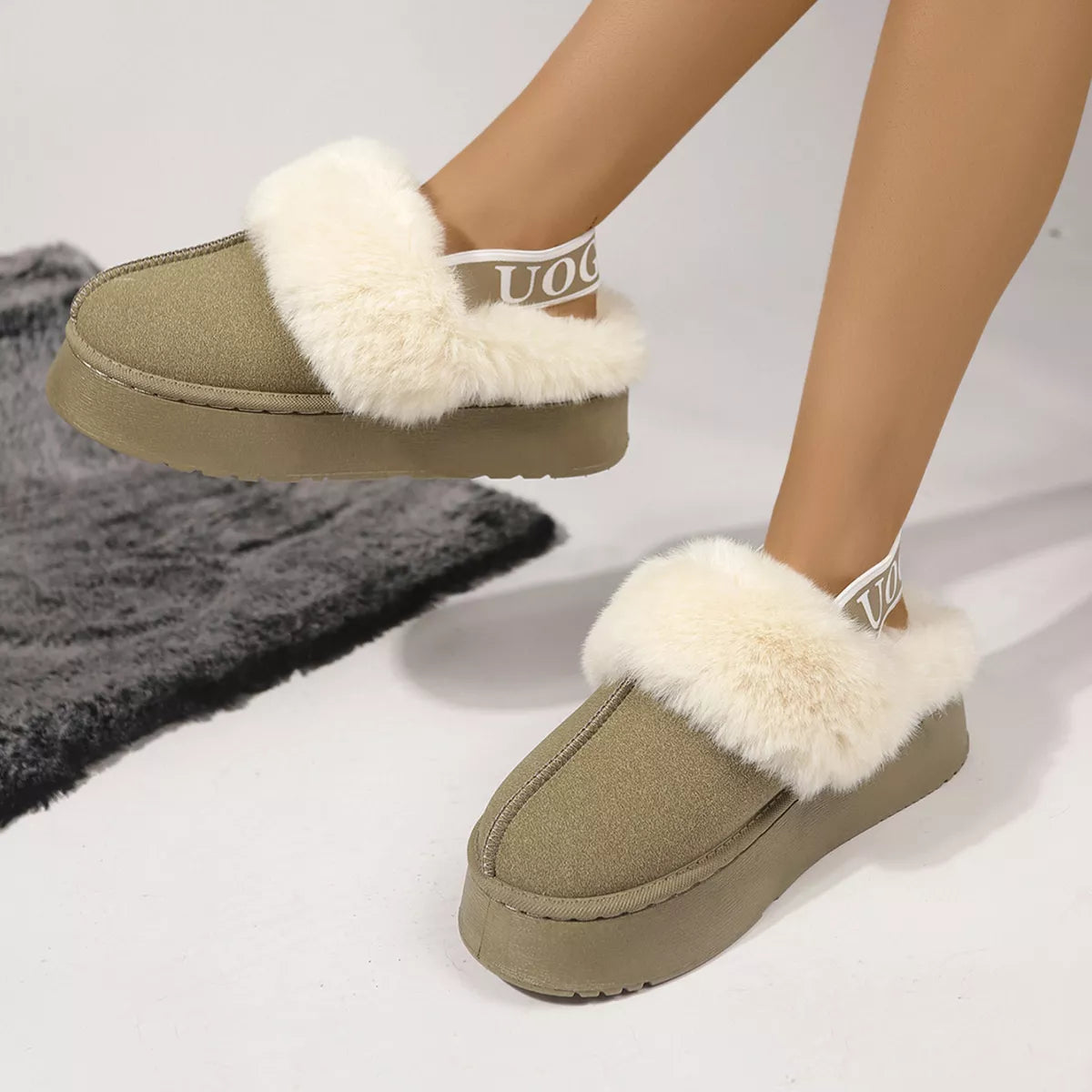 Round Toe Fur Trim Platform Slippers - Sage - View 2