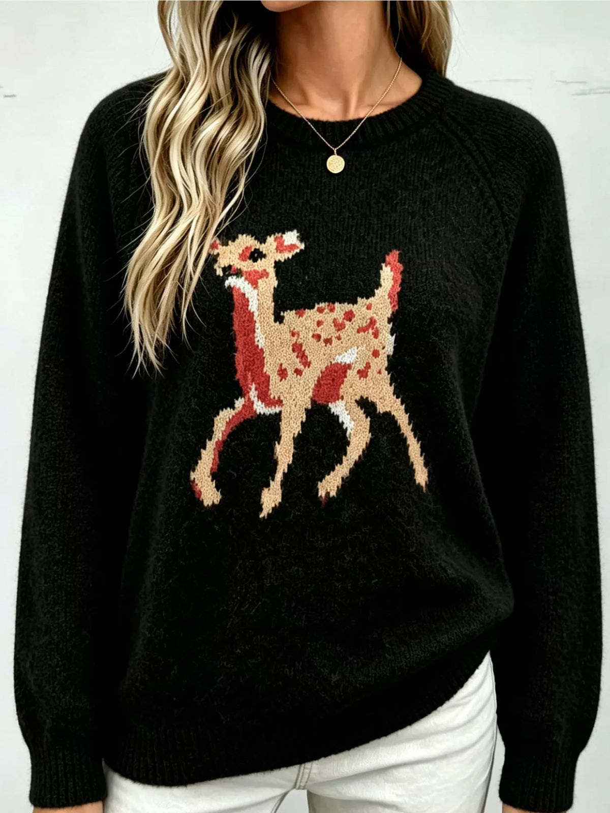 Deer Pattern Raglan Sleeve Sweater - Black - View 2