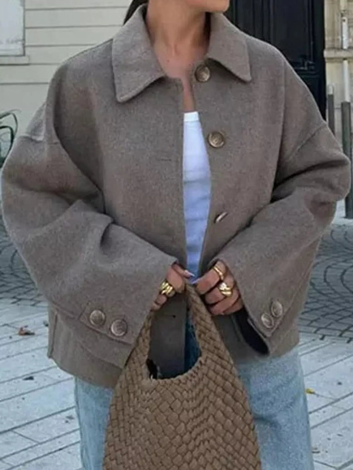 Button-Up Dropped Shoulder Outerwear - Taupe - View 2