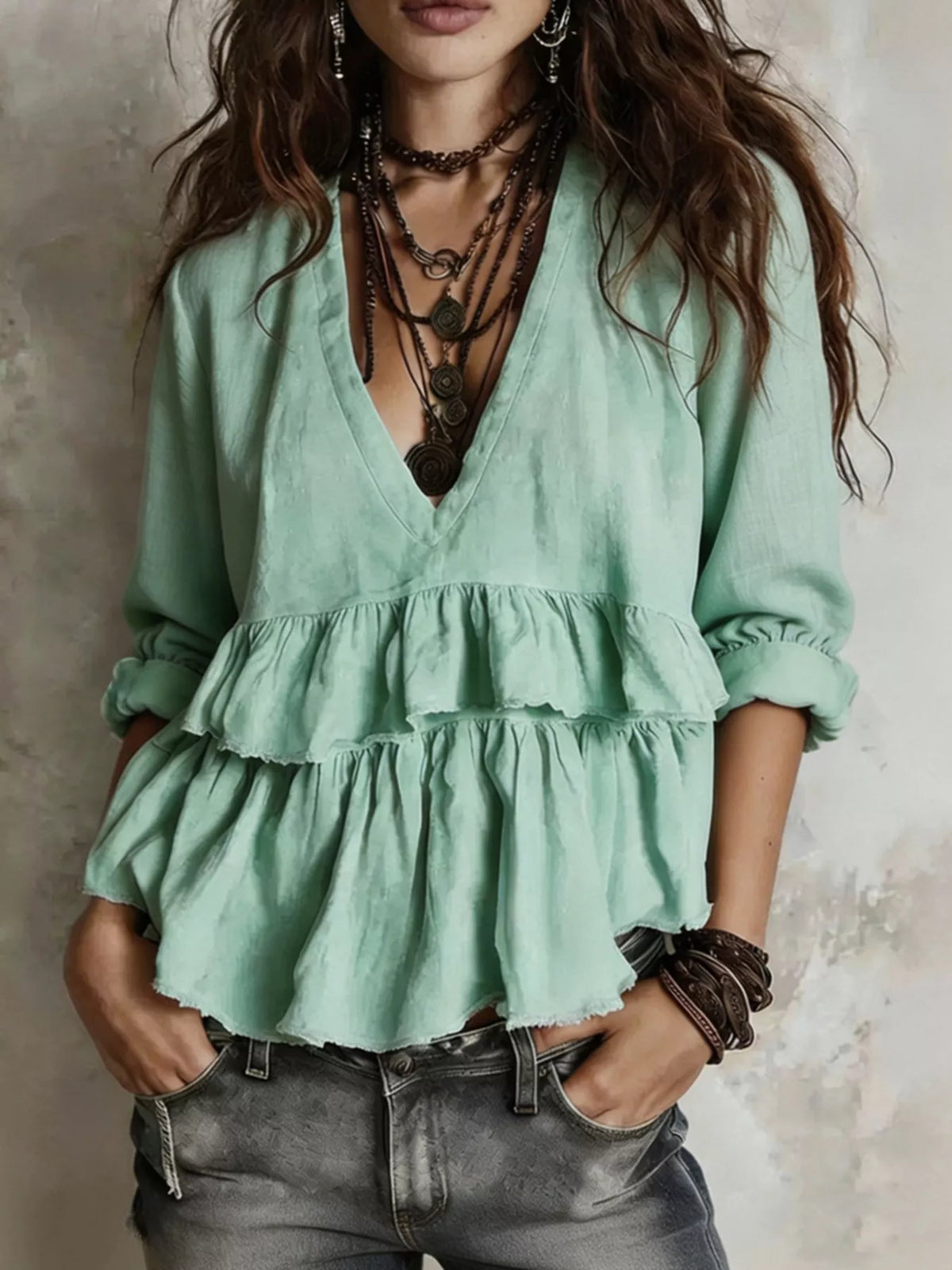 Full Size Ruffled Hem V-Neck Blouse Plus Size - Light Green - View 1