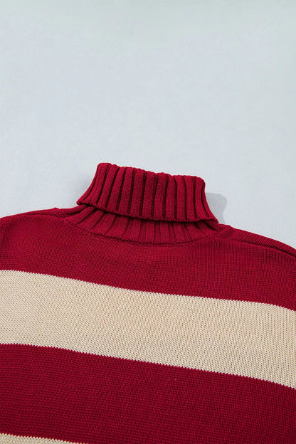 Stripe Ribbed Trim High Neck Relaxed Pullover Sweater - Burgundy - View 8
