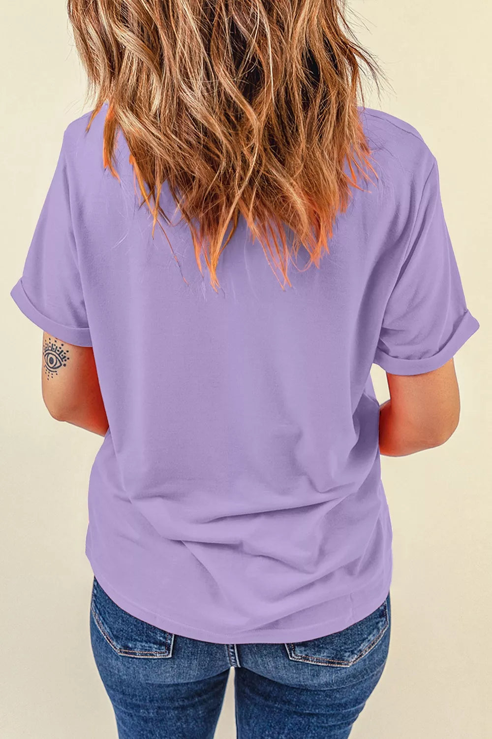 Full Size Spooky Sequin Letter Patched Cotton Blend T Shirt Plus Size - Lavender - View 6
