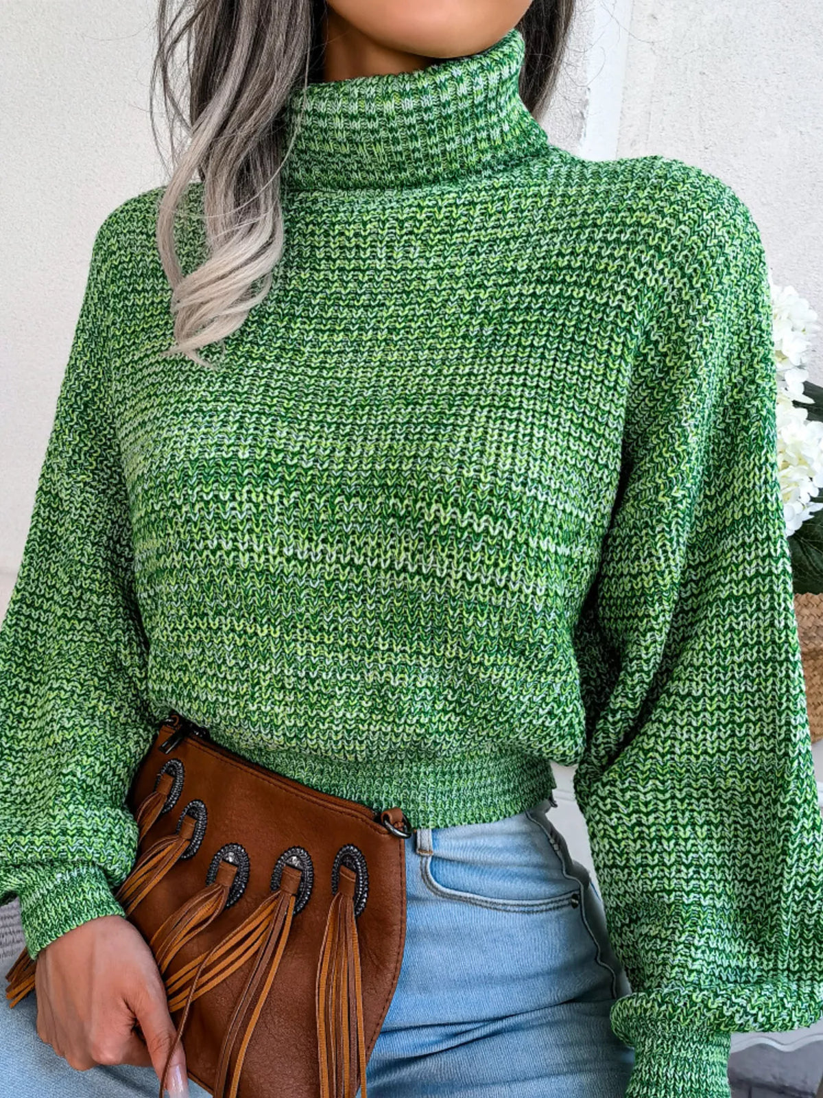 Turtleneck Dropped Shoulder Sweater - Green - View 3