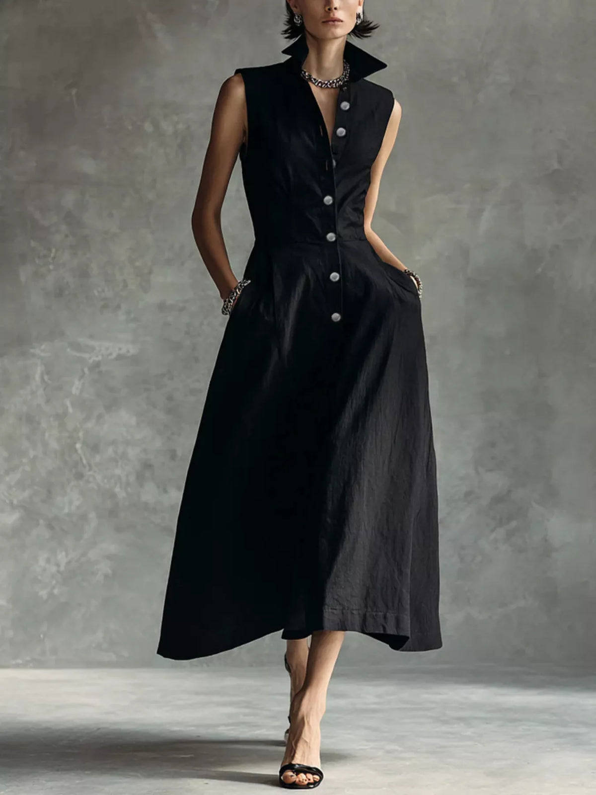 Sleeveless Button-Down Midi Shirt Dress - Black - View 1