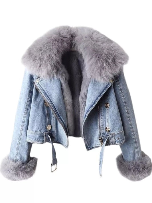 Full Size Faux Fur Collar Denim Jacket Plus Size - product photo 1