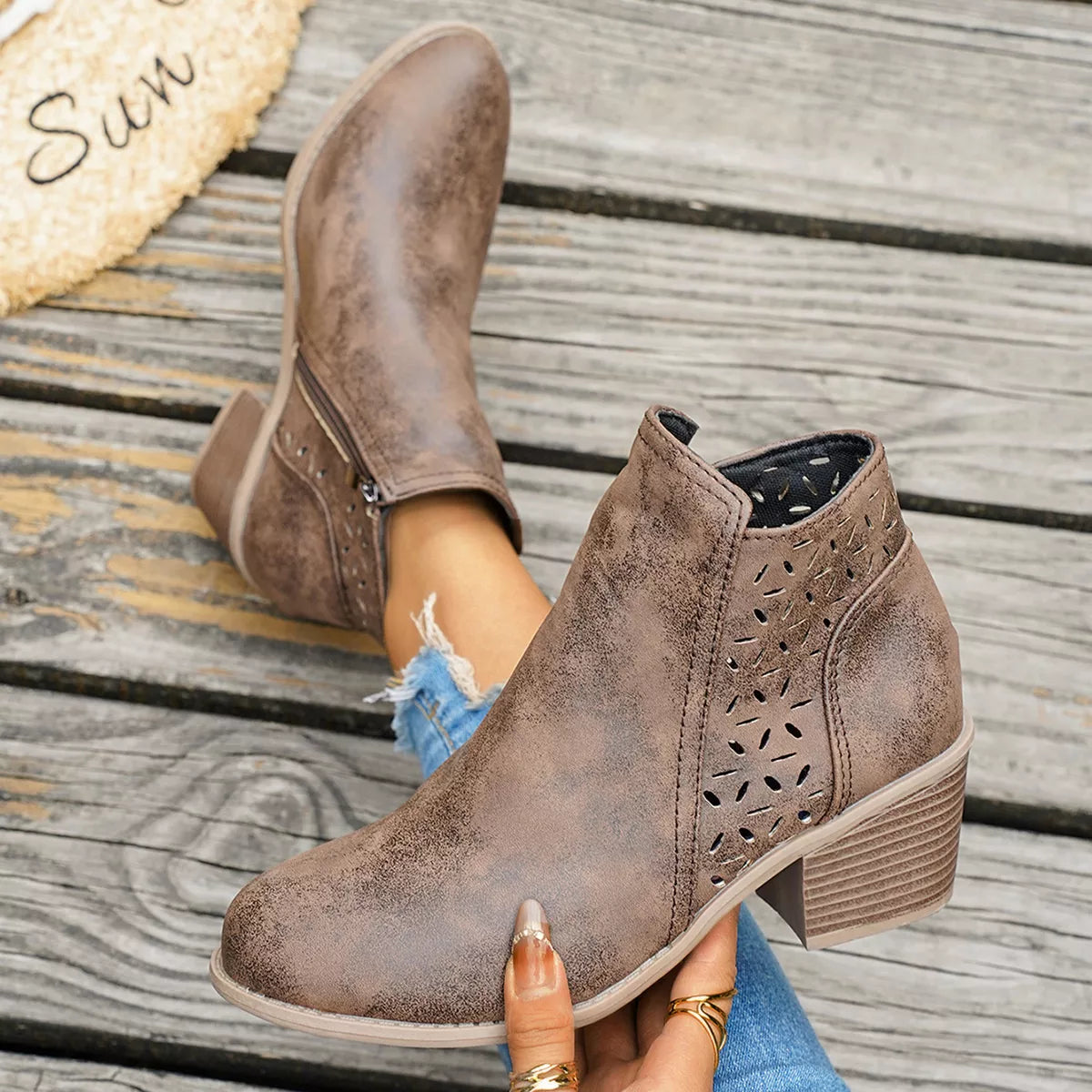 Round Toe Block Heels Boots - Brown - View 7