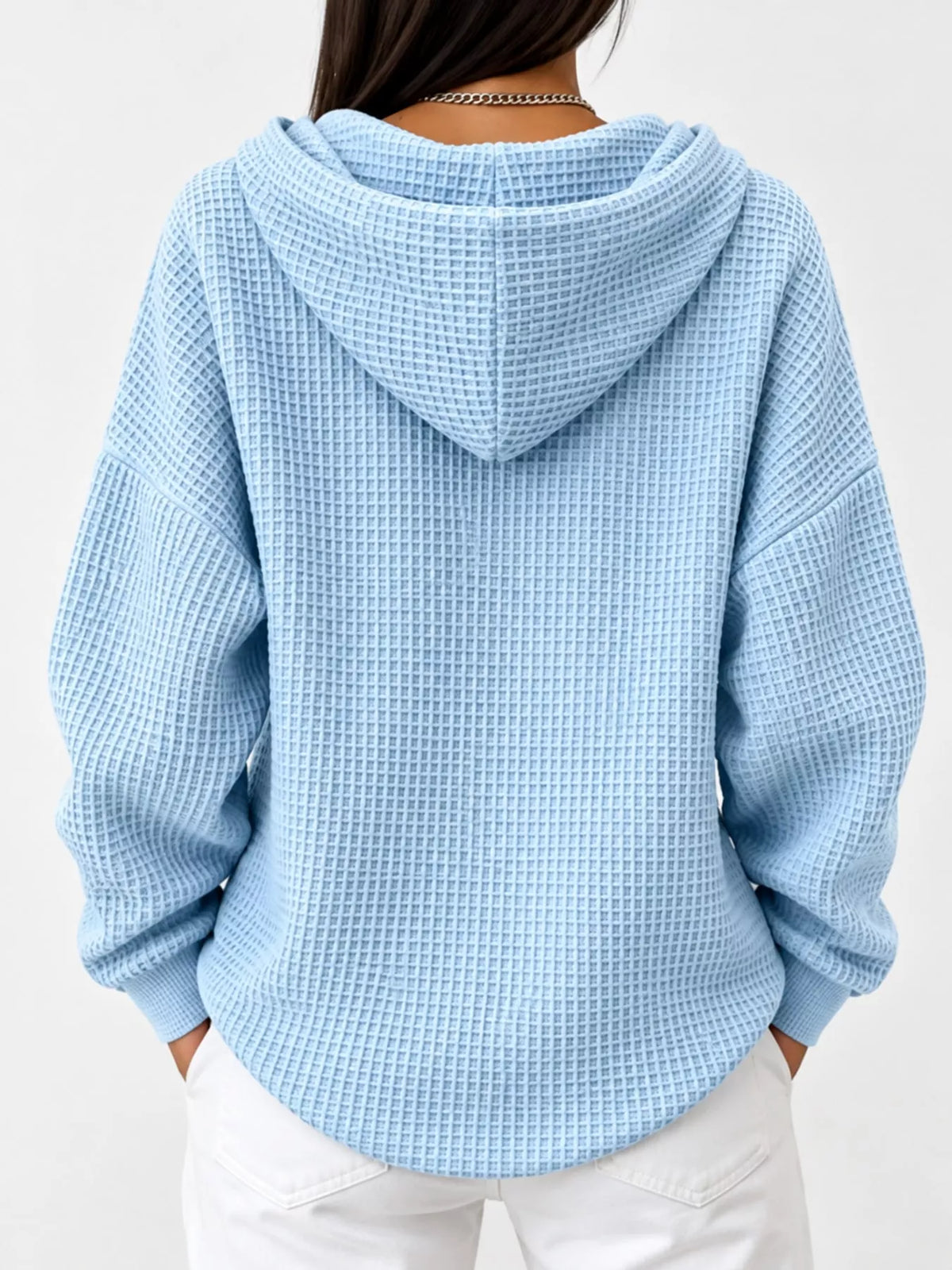 Full Size Waffle Knit Button Detail Hoodie Plus Size - Light Blue - View 7