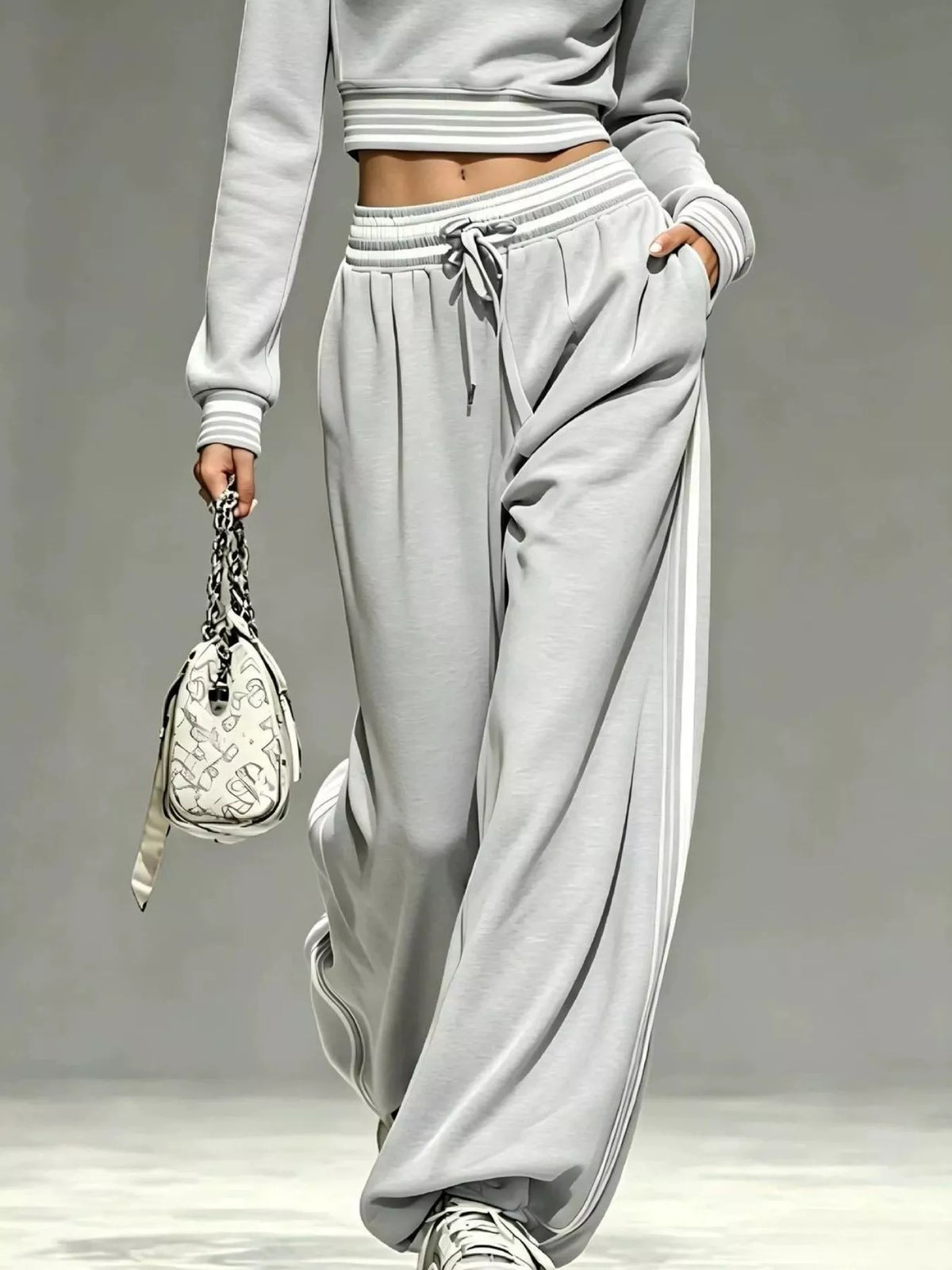 Full Size Half Zip Cropped Top and Pants Set Plus Size - Light Gray - View 3
