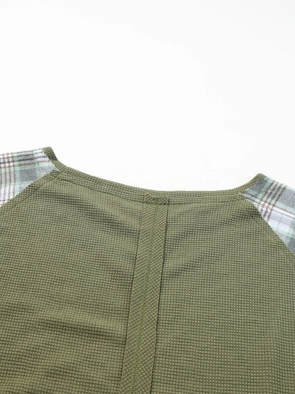 Plaid Patch Waffle Knit Exposed Seam Bubble Sleeve Top - Moss - View 8