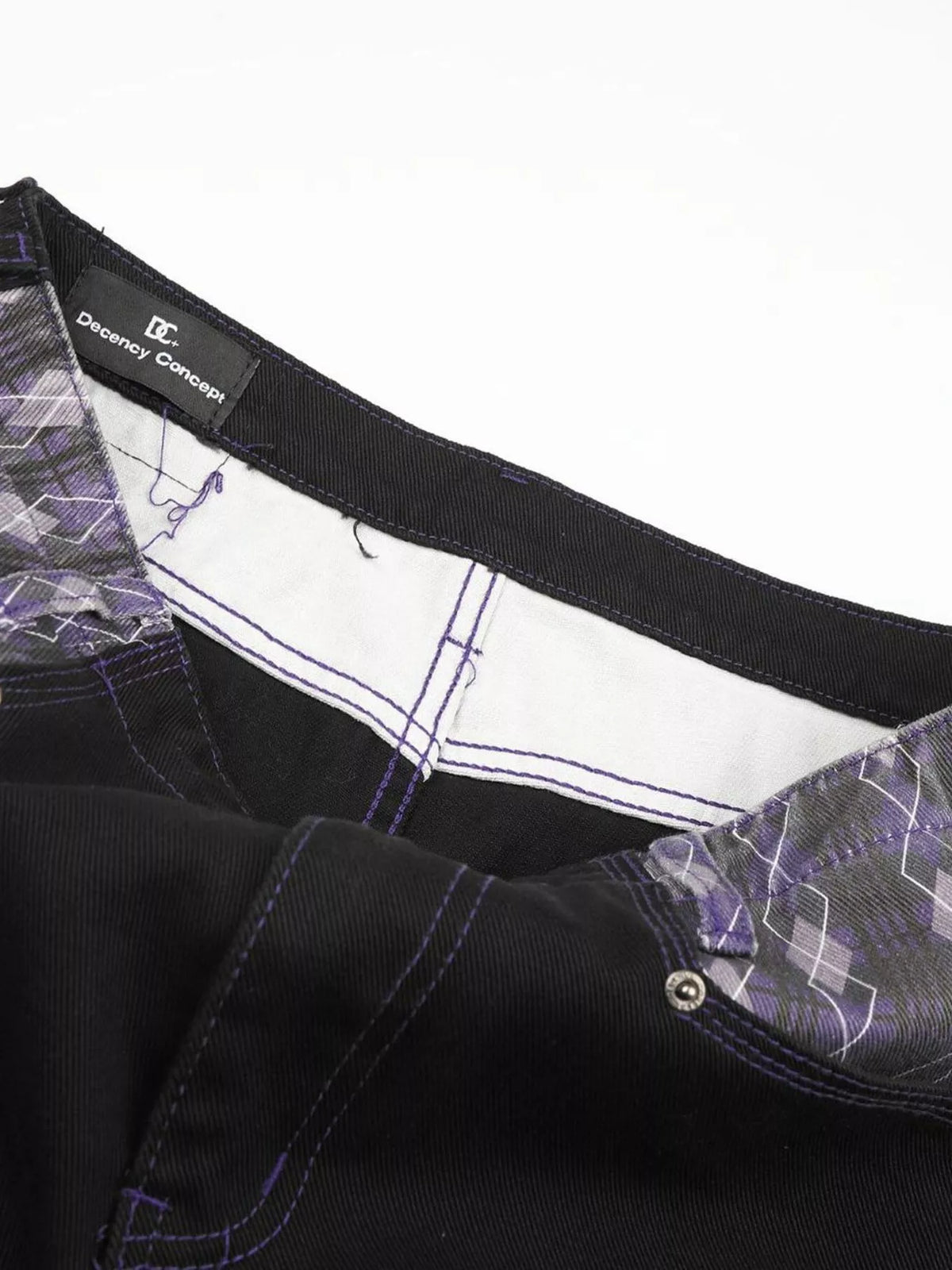 Men's High-Waisted Wide-Leg Jeans with Argyle Pattern Accents - Black - View 8