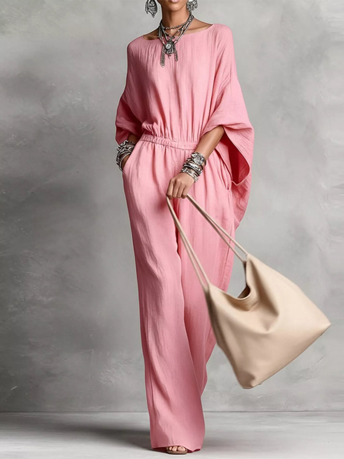 Full Size Boat Neck Batwing Sleeve Wide-Leg Jumpsuit Plus Size - Pink - View 2
