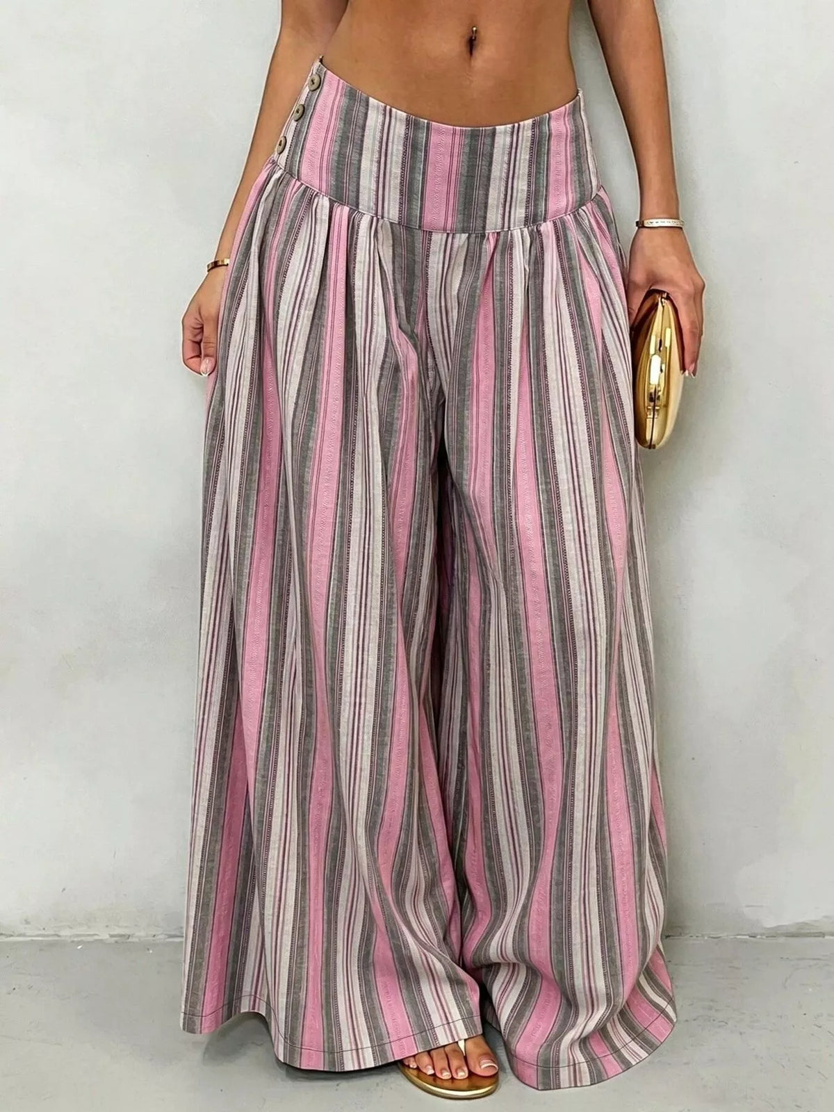 High-Waisted Striped Wide-Leg Casual Pants - Gray Pink Stripes - View 3