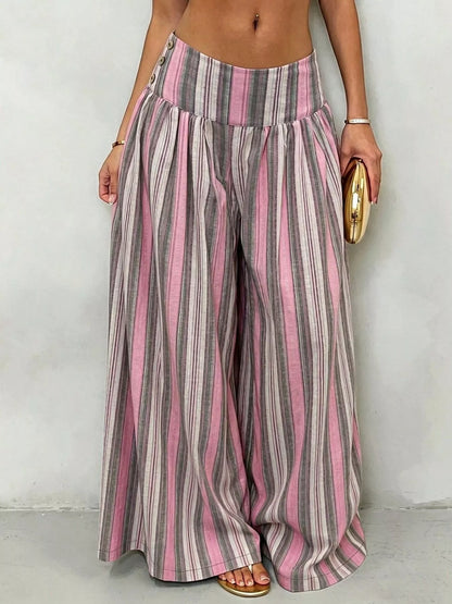 High-Waisted Striped Wide-Leg Casual Pants - Gray Pink Stripes - View 3