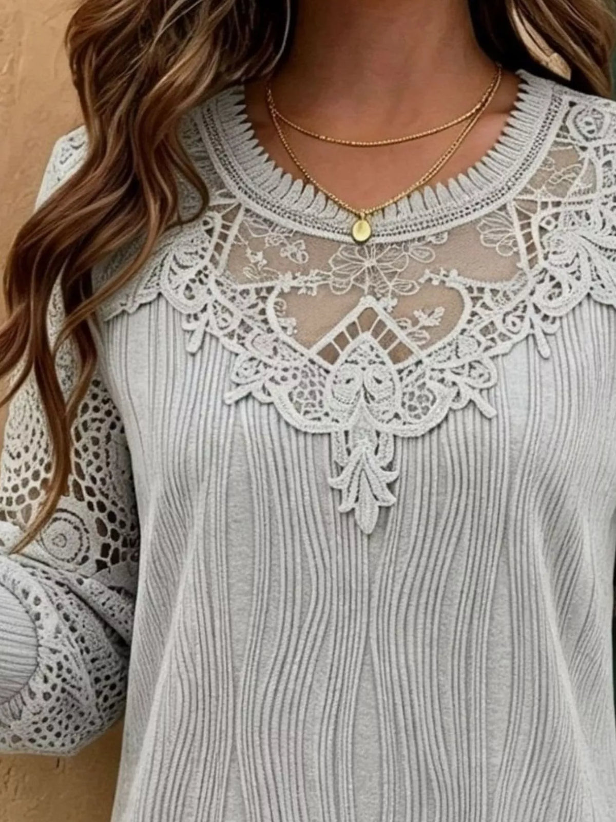 Lace Patchwork Long Sleeve Blouse - Gray - View 2