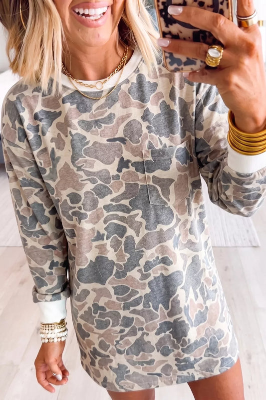 Botanical Camo Print Long Sleeve Pocket Mini Dress - Gray - View 1