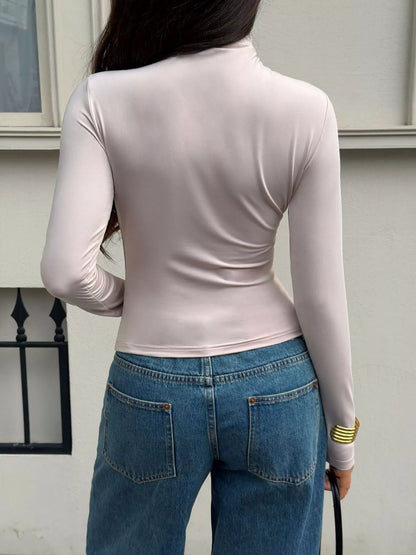 Mock Neck Ruched Slim-Fit Long Sleeve T-Shirt - Skin Tone - View 5