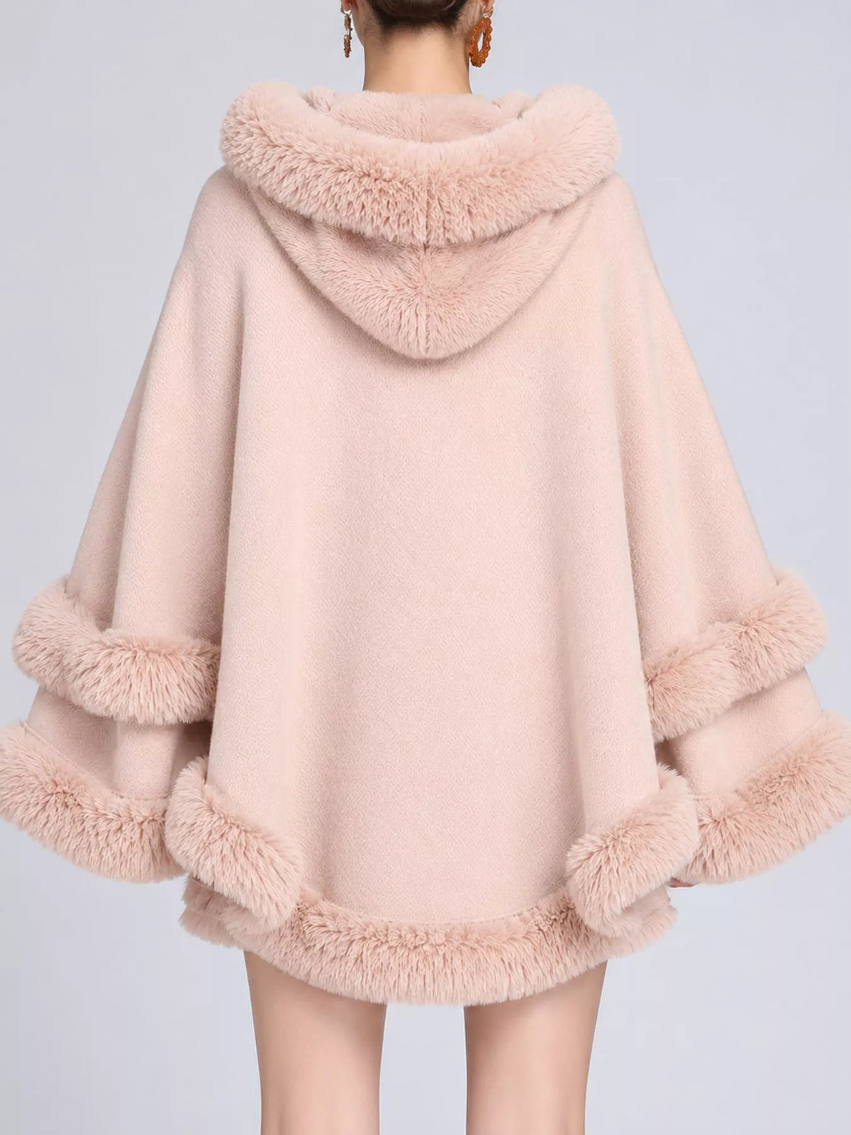Faux Fur Trimmed Hooded Cape - Pink - View 3