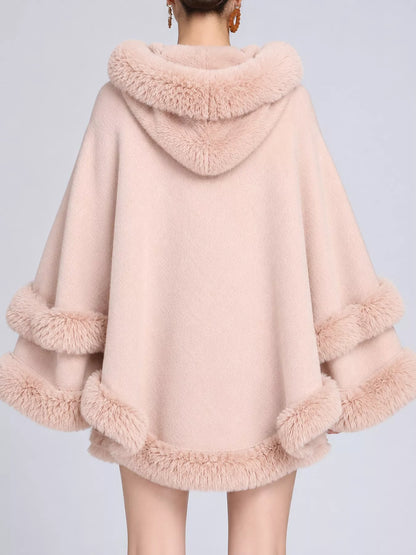 Faux Fur Trimmed Hooded Cape - Pink - View 3