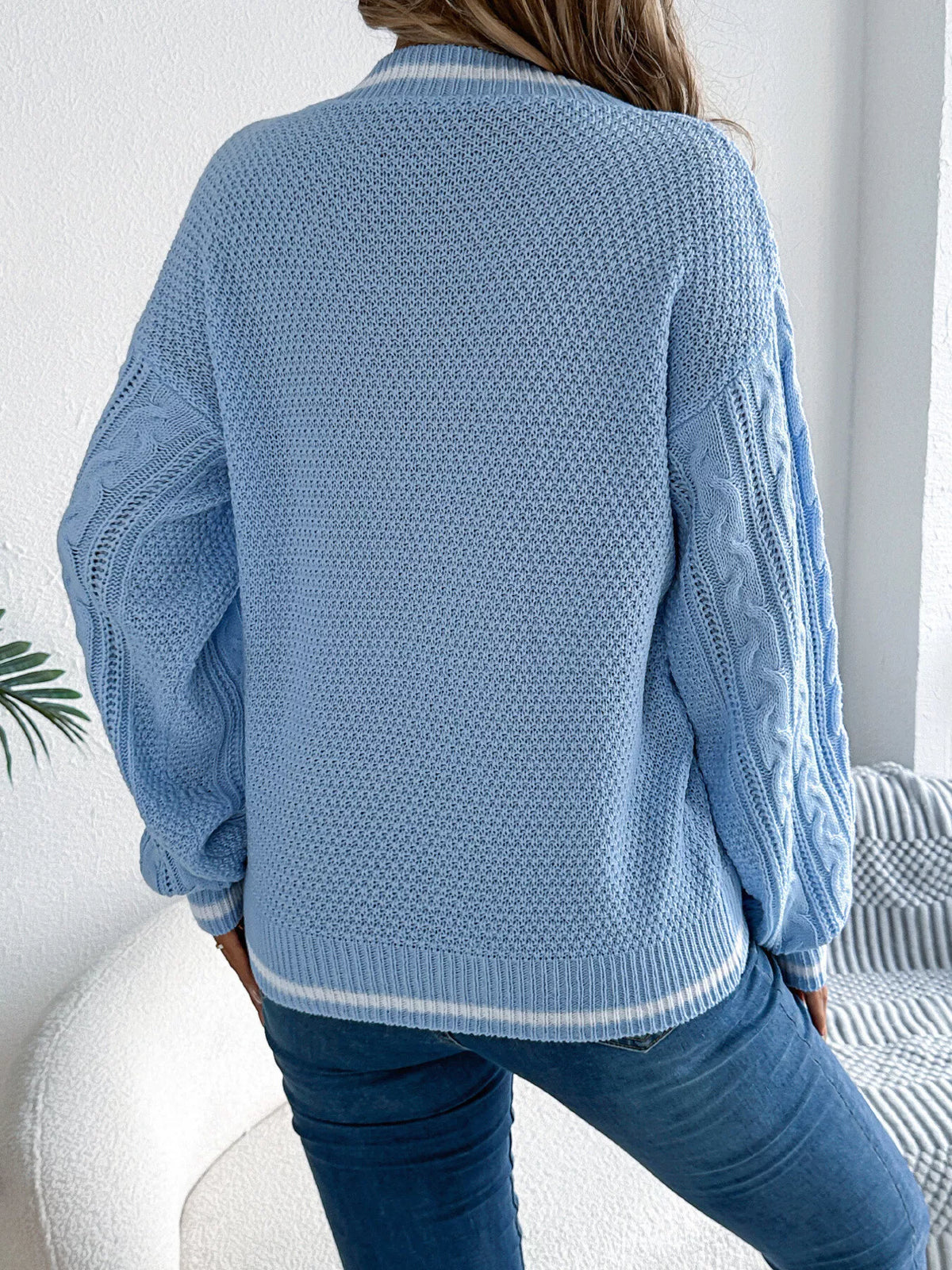 V-Neck Cable Knit Sweater with Striped Trim - Light Blue - View 3
