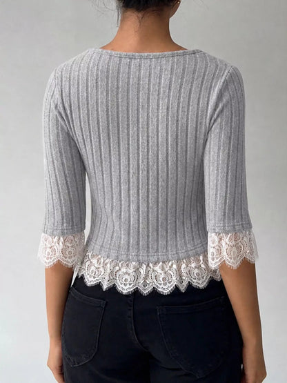 Lace Hem Ribbed Knit Button-Down Top - Gray - View 5