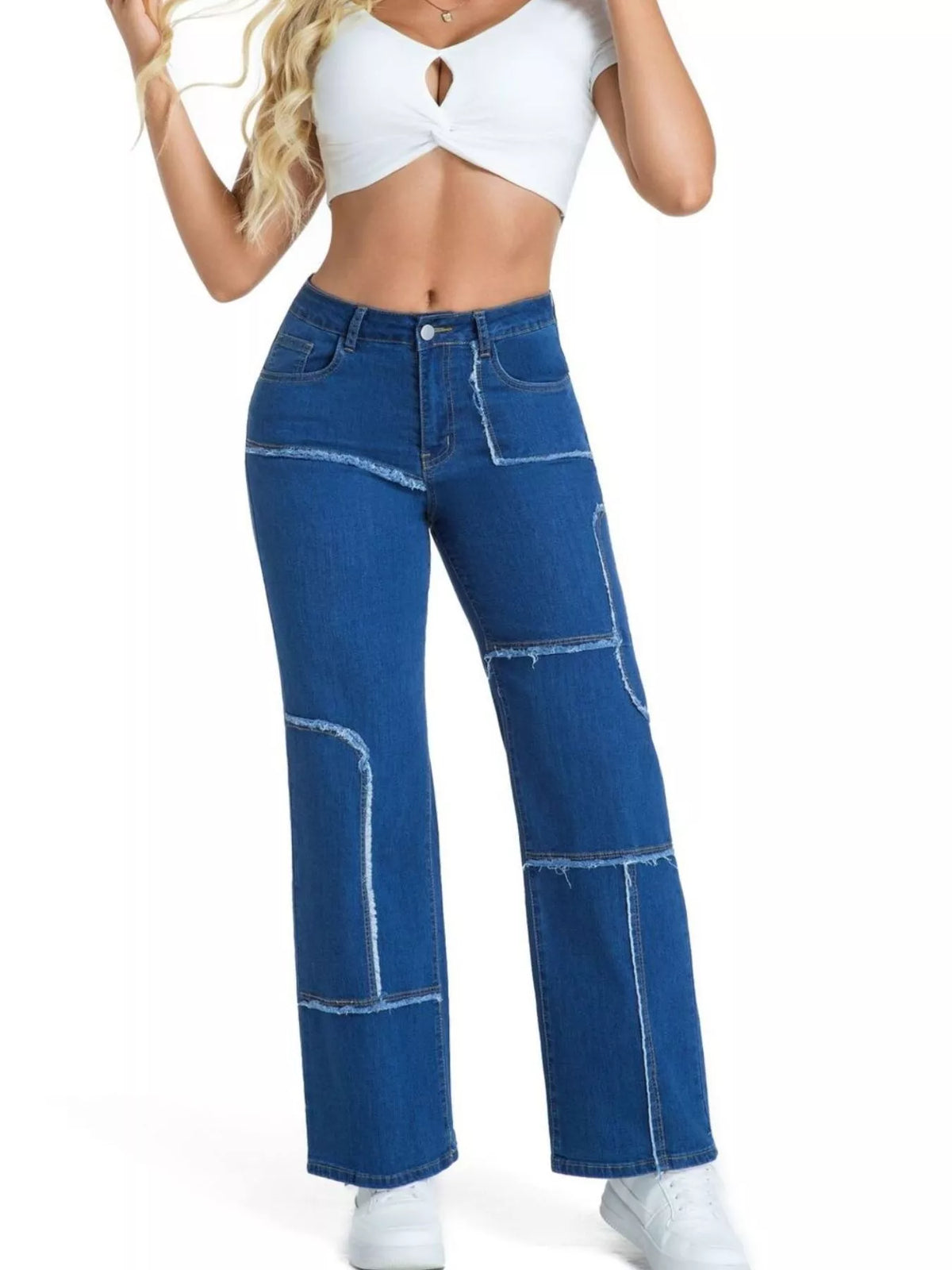 Frayed Edge Straight Leg Jeans - Medium Blue - View 2