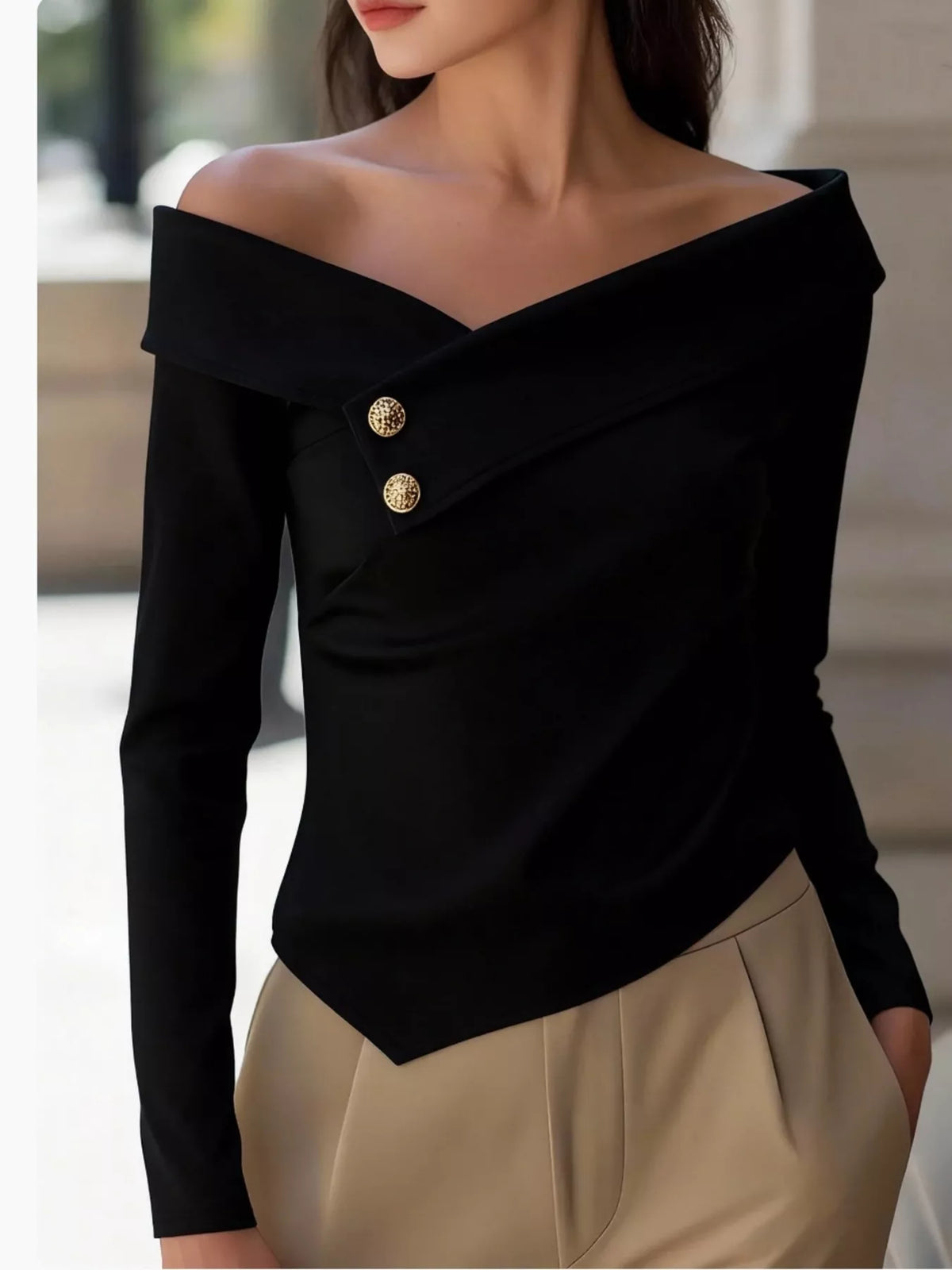 Off-Shoulder Button Decor Blouse - Black - View 5