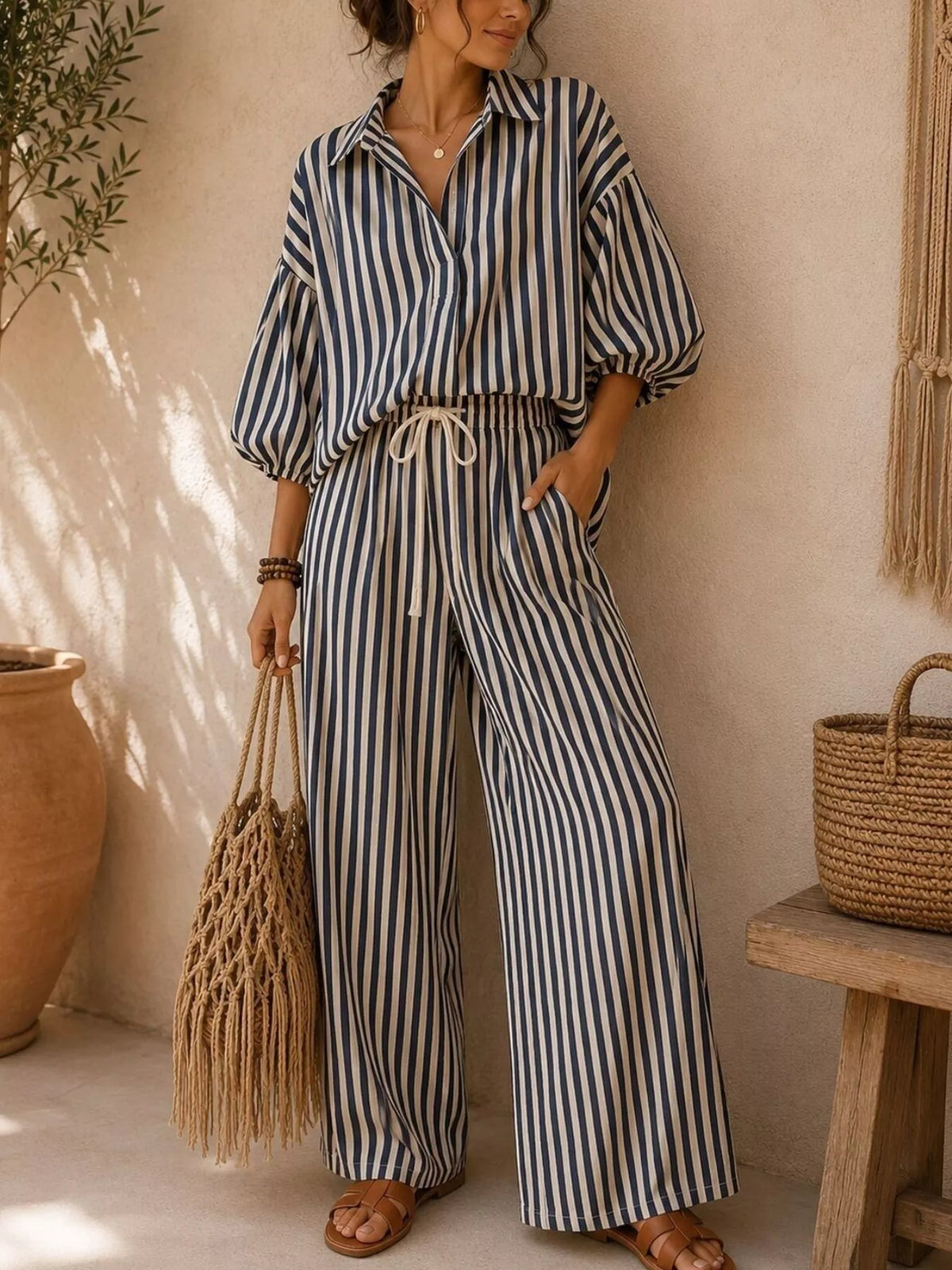 Full Size Striped Relaxed Fit Shirt and Wide-Leg Pants Set Plus Size - Black - View 3